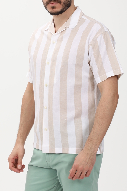 JACK & JONES-Ανδρικό κοντομάνικο πουκάμισο JACK & JONES 12232217 JPRSUMMER LINEN λευκό μπεζ ριγέ